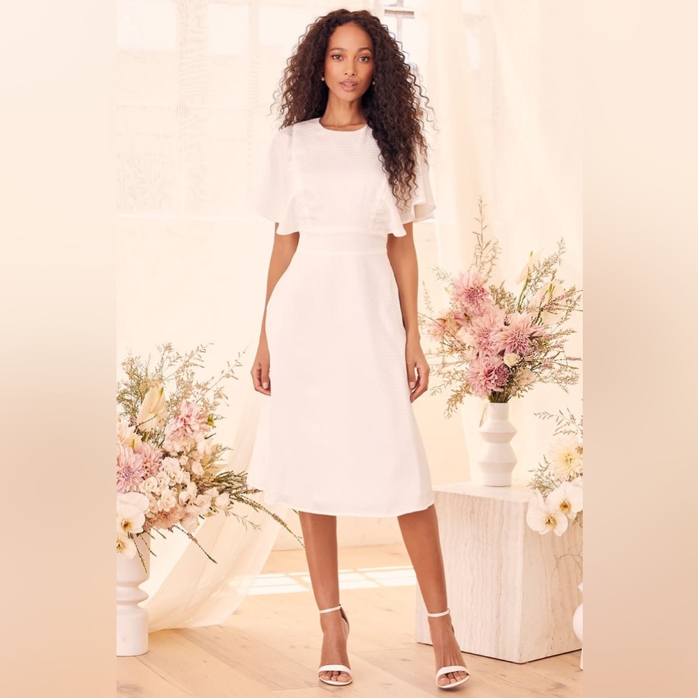 Cabaret Queen White Polka Dot Embossed Satin Backless Midi Dress ✨WORN ONCE✨
